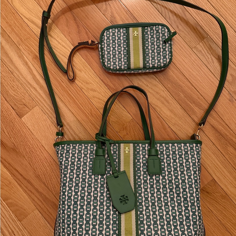 Tory Burch Green and White Patterned Tote
